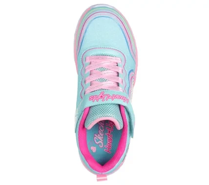 Skechers Girls' Heart Lights Retro Hearts Light Up Shoes Turquoise 3D Rainbow Heart Print Sparkle Mesh Upper Adaptive Closure Size 32 - Skechers - Image 4