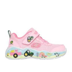 Skechers x John Deere Girls Play Scene Pink Farm Girlie Adaptive Shoes featuring Mesh Upper, Adjustable Strap, Cushioned Midsole with Farm Graphics, Size 26