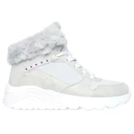 Skechers Street GIRLS' Uno Lite Comfort Collar Mid Top Sneaker Gray Faux Fur Trim Side Zip 33 Platform Wedge - Skechers