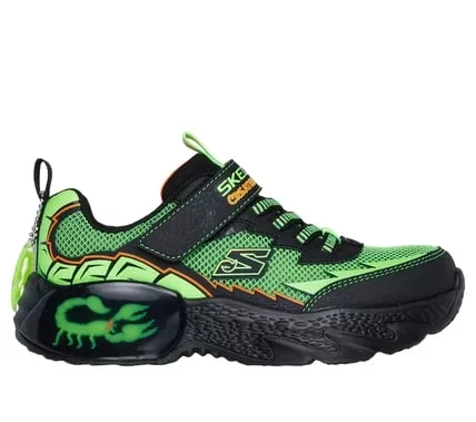 Skechers Boys' Creature Crawlers Athletic Sneakers in Black with Stretch Laces, Adjustable Strap, Themed Design, Includes Tech Piece and Detachable Key Chain, Size 28