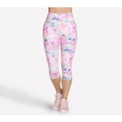 Skechers Women's GoWalk Seascape Floral Capri Legging Activewear High Waisted Athletic Comfort with GOFLEX Moisture Wicking Fabric Chafe Free Seams and Exterior Side Pockets Size L
