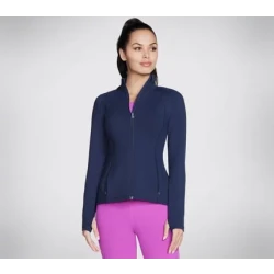 Skechers GO WALK Wear Jacket Women's Athletic Mock Neck Zip Front Long Sleeve 2 Pockets GO FLEX Moisture Wicking Fabric Thumbhole Detail Navy Blue M Size Activewear