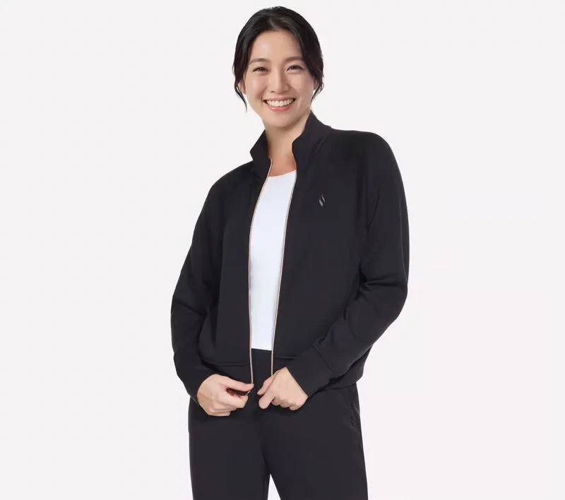 جاكيت سكيتشرز كوزي لوكس النسائي سحاب كامل ياقة وهمية ناعم الملمس من قماش SKECHLUXE Elevate أساور وأسفل مطاطية أسود مقاس XL - سكيتشرز