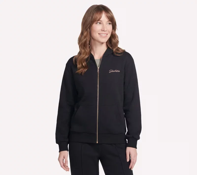 سويت شيرت سكيتشرز النسائي ذو السحاب الكامل بتصميم SKECH SWEATS المميز، أسود XL مع غطاء رأس بـ 2 لوحة، أساور وأطراف سفلية مضلعة وجيوب الكنغر. نسيج صوف فرنسي فائق النعومة للخارجية. - سكيتشرز