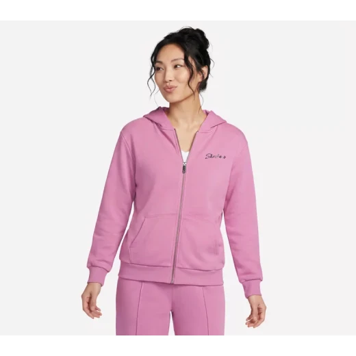 سكيشرز هودي سكيش سويتس النسائي بسحاب كامل، مصنوع من صوف فرنسي تيري، بقلنسوة ذات لوحين، أساور مضلعة، جيوب الكنغر، مقاس صغير، لون وردي
