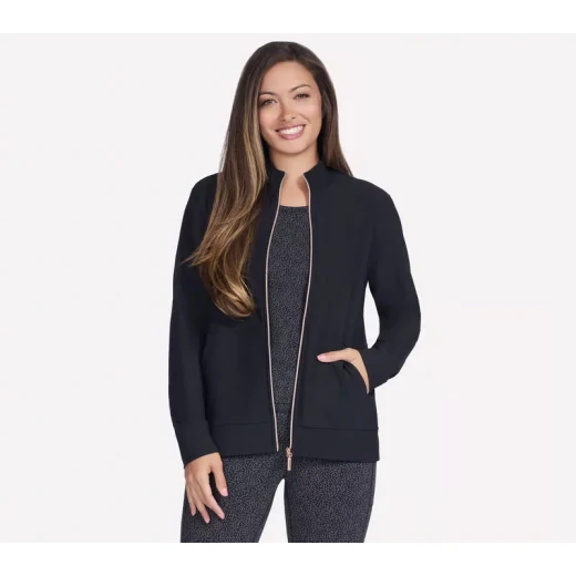 Skechers GO Luxe Rib Women's Everyday Full Zip Jacket in Black, Medium Size, Featuring Brushed Back Comfort Stretch Fabric and Breathable Design for Ultimate Comfort and Style Skechers GO Luxe Rib Women's Everyday Full Zip Jacket in Black, Medium Size, Featuring Brushed Back Comfort Stretch Fabric and Breathable Design for Ultimate Comfort and Style