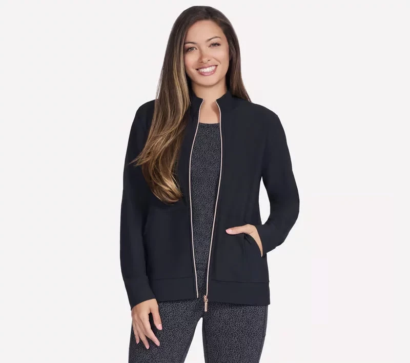 Skechers GO Luxe Rib Women's Everyday Full Zip Jacket in Black, XL Size, Featuring Brushed Back Comfort Stretch Fabric and Breathable Design for Ultimate Everyday Comfort and Style - Skechers