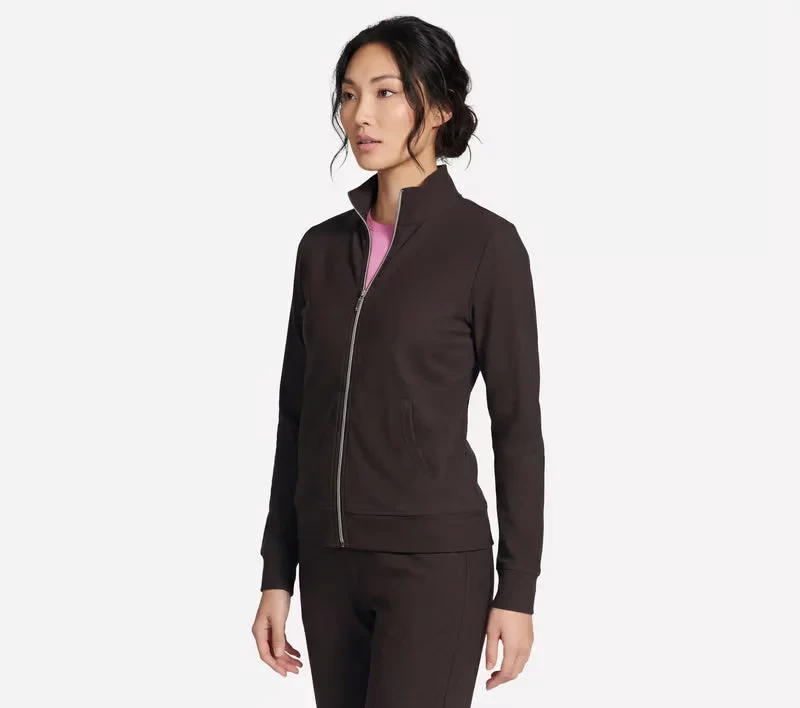 Skechers GO Luxe Rib Everyday Full Zip Jacket Women's Chocolate Brown Comfort Stretch Breathable Fabric Full Zip Jacket Medium Size. Perfect for Everyday Wear. Stylish Design. - Skechers