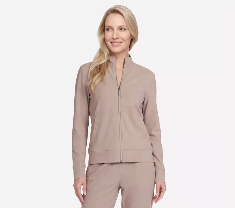 Skechers Women's GO Luxe Rib Everyday Full Zip Jacket, Brushed Back Comfort Stretch Fabric, Breathable Design, Taupe Color, Size Large, Activewear - Skechers