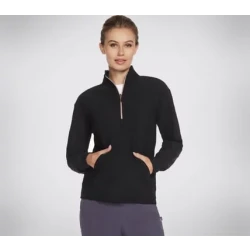 Skechers GO LUXE Rib 1/4 Zip Women's Pullover Black Small Soft Fabric Long Sleeve 1/4 Zip Mock Neck Kangaroo Pocket Comfortable Fit LT116OFWT