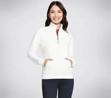 Skechers Go Luxe Rib 1/4 Zip Women's Pullover Off White Small with Mock Neck and Kangaroo Pocket Long Sleeve Comfort Wear 1/4 Zip Top - Skechers - Image 2