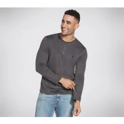 Skechers Men's GOknit Pique Henley Charcoal Long Sleeve Shirt M Classic Fit Button Up 100% Cotton Blend Fabric Soft Comfortable Apparel