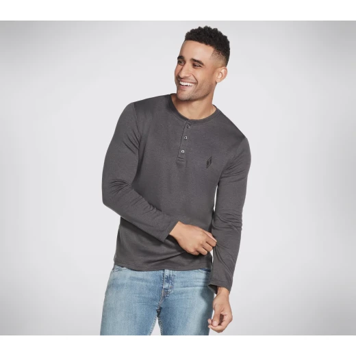 Skechers Men's GOknit Pique Henley Charcoal Long Sleeve Shirt M Classic Fit Button Up 100% Cotton Blend Fabric Soft Comfortable Apparel - Skechers - Image 2
