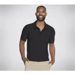 Skechers Men's GO DRI® All Day Solid Polo Shirt in Black. Featuring Soft, Lightweight Jersey Fabric, Short Sleeves, Self-Standing Collar, and a 3-Button Placket. Size S.