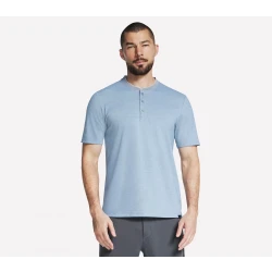 Skechers Men's Off Duty Short Sleeve Henley T Shirts Blue Size Large Featuring Recycled Cotton Blend GO DRI Pique Fabric with a Flat Knit Tipped Collar and 3 Button Placket
