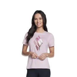 Skechers Women's Diamond Tee Shirt Pink Colorblock Short Sleeve Crew Neck Top Featuring Skechers Diamond Logo Available in Size Medium Designed for Comfortable Everyday Wear