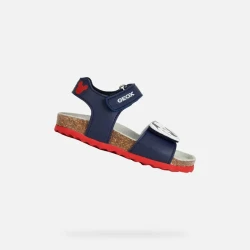 Geox Chalki Baby Sandals Navy Blue Mickey Mouse Print First Step Adjustable 23. Breathable Anatomical Design for Summer Comfort. Easy Fastening and Durable Leather Effect Material.