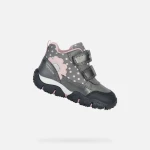 Geox Baltic ABX Baby Girls' Waterproof Mountain Boots Grey and Pink Polka Dot Design with Flower Detail Size 23 Protects Feet from Rain Outdoor Fashion - Geox