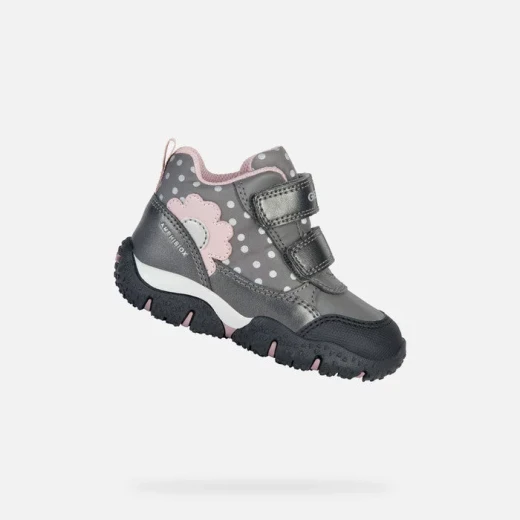Geox Baltic ABX Baby Girls' Waterproof Mountain Boots Grey with Polka Dots and Flower Detail Size 24. Perfect for Outdoor Adventures, Fast Delivery Available. - Geox - Image 2
