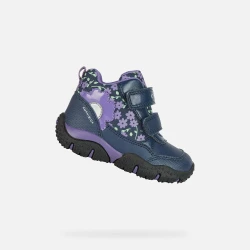 Geox Baltic ABX Baby Girls' Waterproof Mid Cut Shoes in Navy Blue and Purple, Featuring Floral Details, Breathable Design, and Easy Entry. Perfect for Adventures in Size 23.