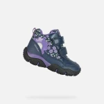 Geox Baltic ABX Baby Girls' Waterproof Mid Cut Shoes Navy Blue Purple Flower Print Leather Effect Nylon Upper Size 25 Adventure Ready - Geox