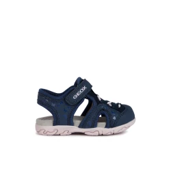 Geox Baby Flaffee Sandals Navy Size 24 Closed Toe Breathable Leather Effect Mesh Riptape Closure with Printed Details for Baby Girls Comfortable and Stylish