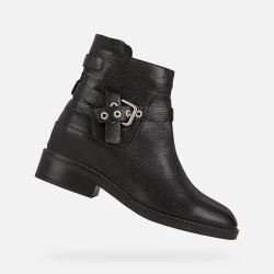 Geox Larysse Women's Ankle Boots Black Tumbled Leather with Buckle Strap, Breathable Low Heel Urban Style Boot, Size 38, Fast Delivery and Easy Exchange