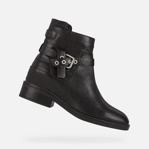 Geox Larysse Women's Ankle Boots Black Tumbled Leather with Buckle Strap, Breathable Low Heel Urban Style Boot, Size 38, Fast Delivery and Easy Exchange