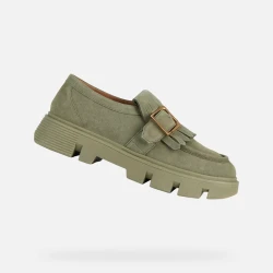 Geox Vilde Woman Pistachio Green Suede Loafers with Kiltie Fringe and Metal Buckle Detail, Size 36, Contemporary Urban Style