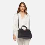 Leonory Woman's Black Boston Bag: Premium Tumbled Leather Handbag with Detachable Shoulder Strap, 2 Handles, City Aesthetic for Office & Off-Duty Ensembles, Easy Exchange - Geox