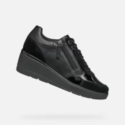 Geox Ilde Woman's Hybrid Sneakers Black Suede Leather 40 EU Featuring Side Zip Closure Breathable Design Comfortable Wedge Heel Ideal for Off Duty Outfits D36RAC.05422.C9999