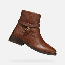 Geox Tormalina Women's Ankle Boots in Brown Leather with Buckle Detail, Breathable Lightweight Design, Low Heel, Size 37 for Everyday Wear. Fast Delivery and Easy Exchange.