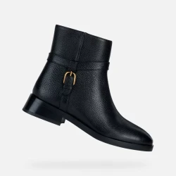 Geox Tormalina Women's Black Leather Ankle Boots with Buckled Strap and Breathable Design, Size 37, Perfect for Everyday Casual Chic Wear