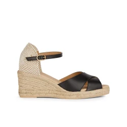 Geox Gelsa Low Women's Espadrille Sandals Black, Size 36. Summer-Ready Comfort with a Jute-Effect Wedge, Ankle Strap, and Breathable Nappa Upper. Perfect for City Lifestyle.