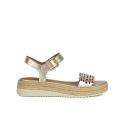 Geox Eolie Woman's Lightweight Breathable Metallic Leather Sandal in Light Gold, Featuring Perforated Design and Jute Trim, Size 37