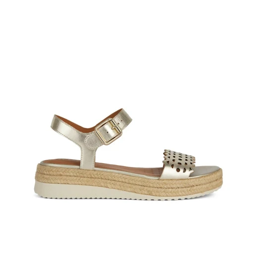 Geox Eolie Woman's Lightweight Breathable Metallic Leather Sandal in Light Gold, Featuring Perforated Design and Jute Trim, Size 37