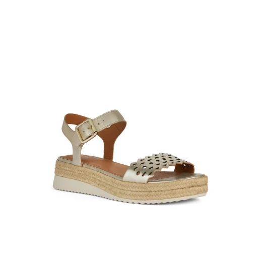 Geox Eolie Woman's Lightweight Breathable Metallic Leather Sandal in Light Gold, Featuring Perforated Design and Jute Trim, Size 37 - Geox - Image 3