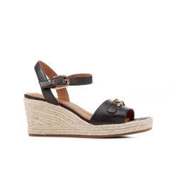 Geox Panarea Woman's Espadrille Wedge Sandals in Black, Crafted from Tumbled Leather, Metal Detail, Comfortable, Breathable Design, Size 41