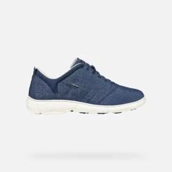 Geox Nebula 2.0 Woman's Navy Sneakers: Breathable & Lightweight Casual Shoes for Everyday Comfort and Travel. Features a Shiny Fabric Upper, Available in Size 36.