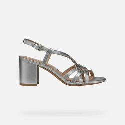 Geox Virnilisa 65 S Women's Silver Metallic Sandals with Comfortable Block Heel, Breathable Design, and Metallic Leather Upper, Size 36