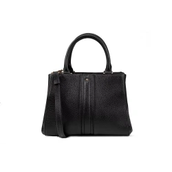 Dhyalma Woman Black Leather Handbag with Adjustable Shoulder Strap and Top Handle. Contemporary Design for City Days. Item Code D56ZNA.00046.C9999