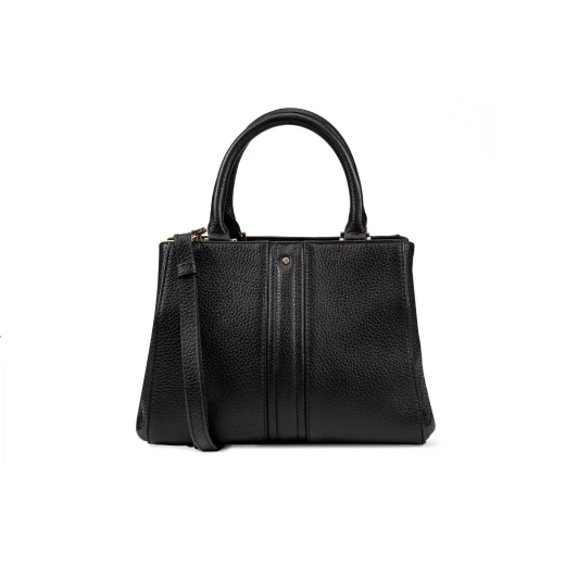 Dhyalma Woman Black Leather Handbag with Adjustable Shoulder Strap and Top Handle. Contemporary Design for City Days. Item Code D56ZNA.00046.C9999