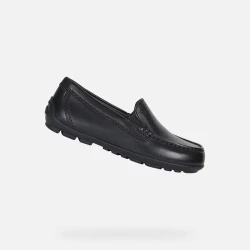Geox New Fast Boy Black Leather Breathable School Loafers for Active Kids