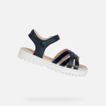 Geox Coralie Girl's Navy Blue Sandals 34 Breathable Cushioned with Crossover Straps for Girls, Crafted from Leather Effect Material for a Trendy Vibe, Perfect for Fine Weather - Geox