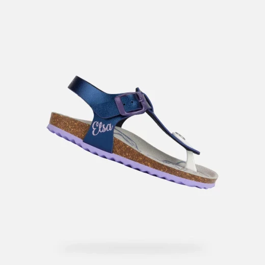 Geox Adriel Girl's Thong Sandals Navy Blue Pearlescent Leather Effect Disney Frozen Elsa Design Adjustable Strap Size 34 Ultra Lightweight for Stylish Little Girls - Geox - Image 2