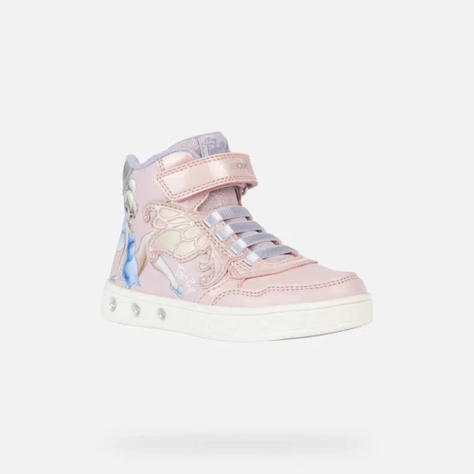 Geox Skylin Girl Mid Cut Sneakers Pink Lilac Tinkerbell Design Featuring Graphic Detailing & Embellishments Size 34 Breathable Flexible Fabric Pearlescent Material with Lights - Geox - Image 3