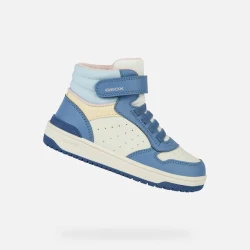 Geox Washiba Girl Mid-Cut Sneakers Airforce Blue & Muted Yellow Vintage Style 35 Comfortable Breathable Leather Effect & Lycra for Girls Athletic Footwear