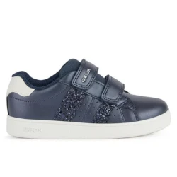 Geox Eclyper Girl Low Cut Sneakers Navy Pearlescent Leather Effect 28 Double Riptape Closure Comfortable Feminine Tennis Court Style Fast Delivery Easy Exchange
