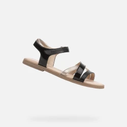 Geox Karly Girl's Black Patent Leather Sandals Summer 36, Breathable and Comfortable Design with Pearlescent Detail, Perfect for Everyday Wear and Easy Exchange