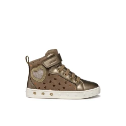 Geox Skylin Girl Sneakers Dark Beige 29 with Pearlescent Leather Effect Detailing and Lights in Sole for Girls Sporty and Leisure Activities
